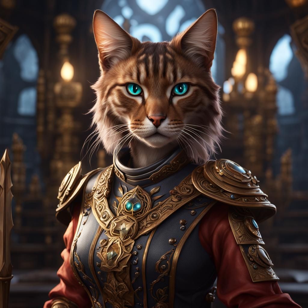 Surreal Fantasy Tabby Catfolk Kineticist in Deep, Vibrant Hu...