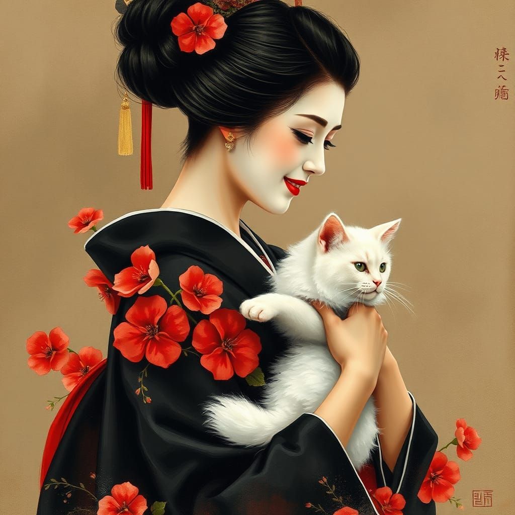 Serene Geisha Cradles Fluffy Cat in Elegant Black Kimono wit...