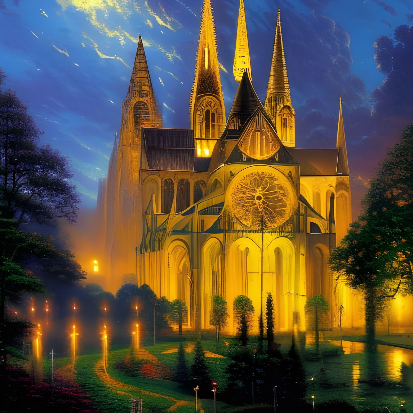 Epic Chartres Cathedral at Night in Cinematic Oil Painting S...