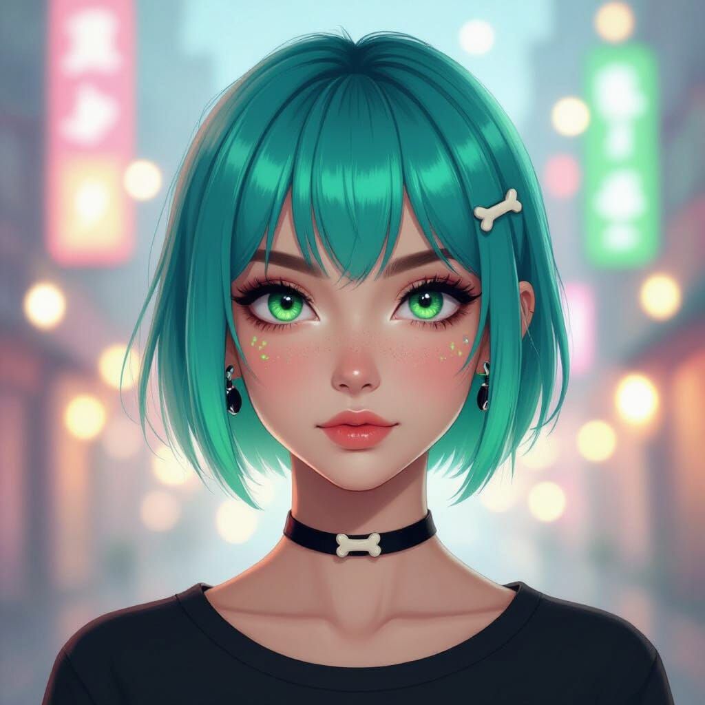 Manga-Style Portrait of Girl with Turquoise Hair