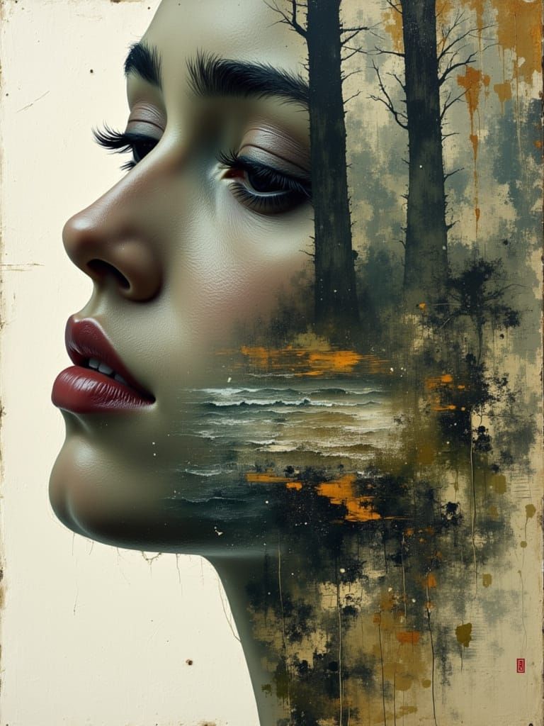 Dreamy Crying Woman Portrait in Watercolor Style