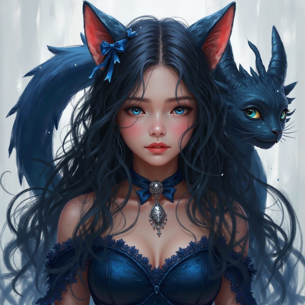 Catgirl and Dragon with Silver Bell