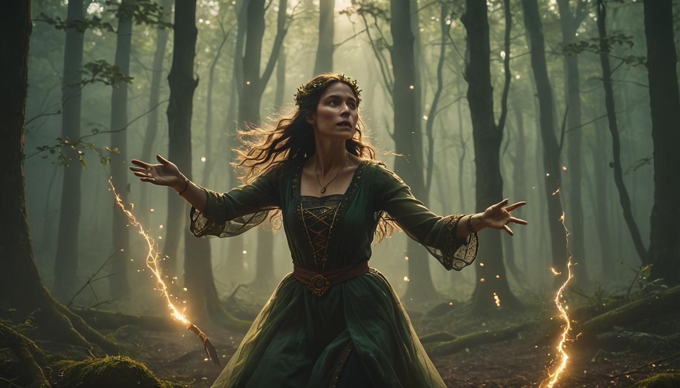 Mystical Woman Weaves Magic in Moonlit Forest