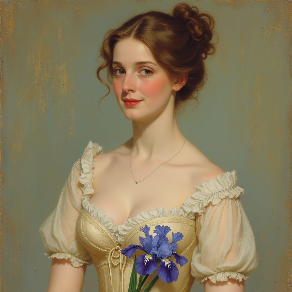 Elegant Woman with Iris Bouquet in Romantic Style