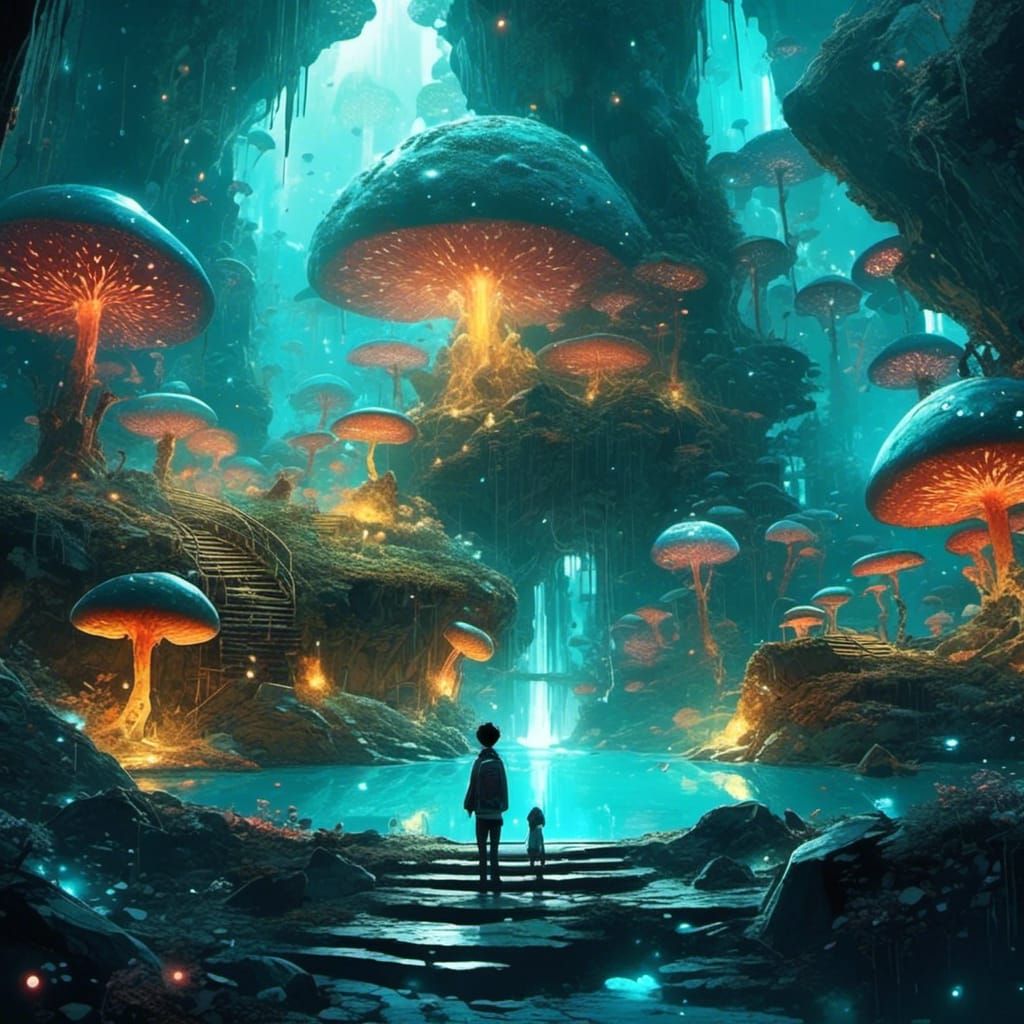 Surreal Cave World with Glowing Bioluminescent Creatures and...
