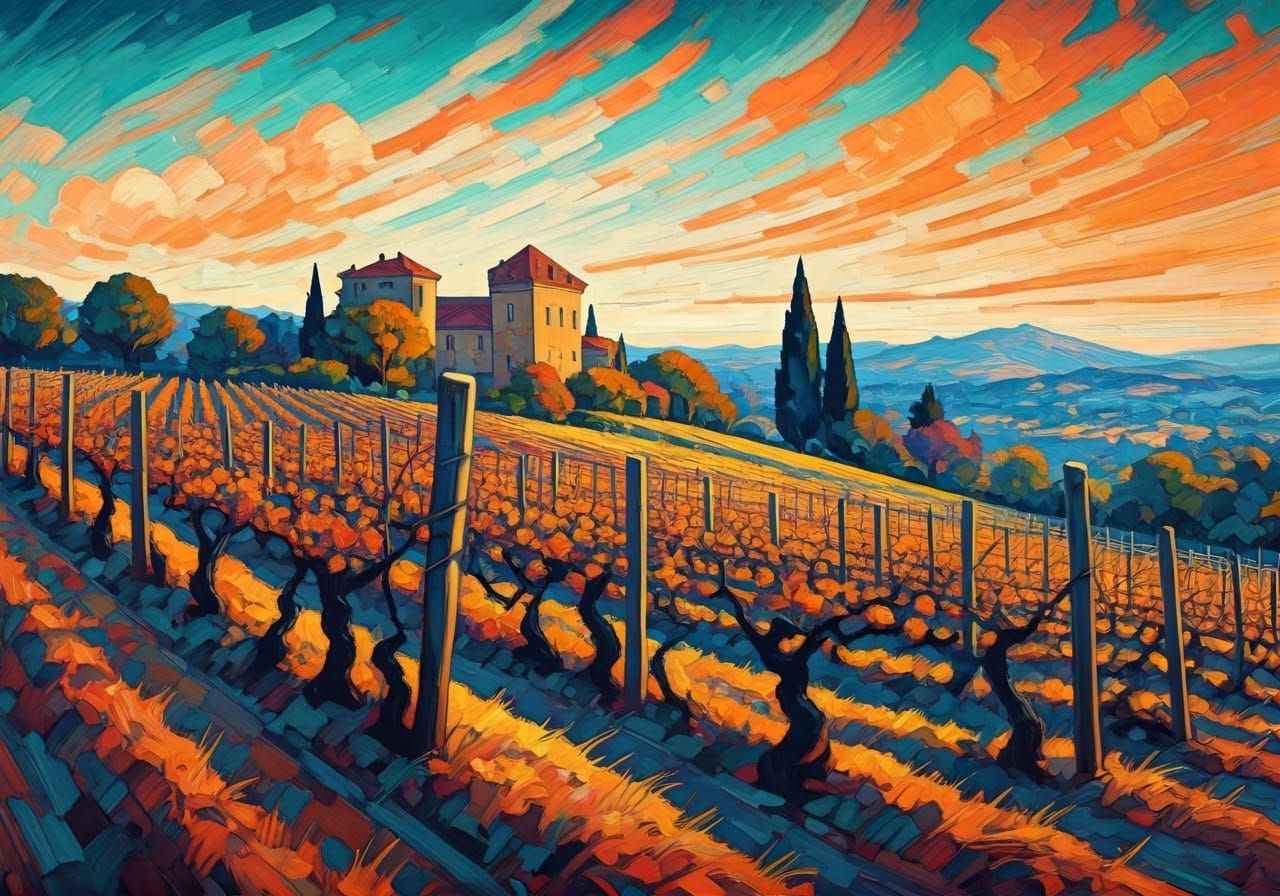 Fauvist Winter Vineyard Scene with Golden Light