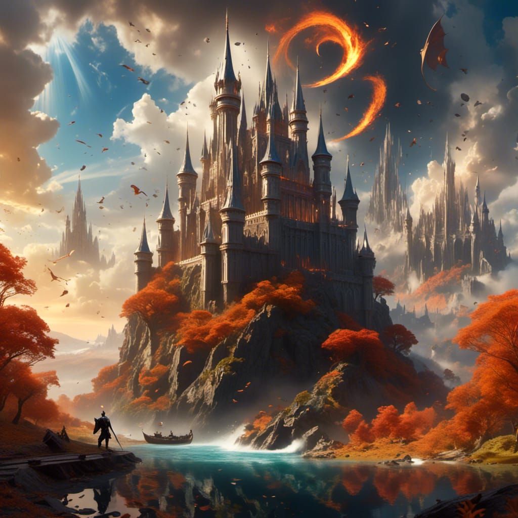 Epic Fantasy Scene in Realistic Digital Art with Dragons and...