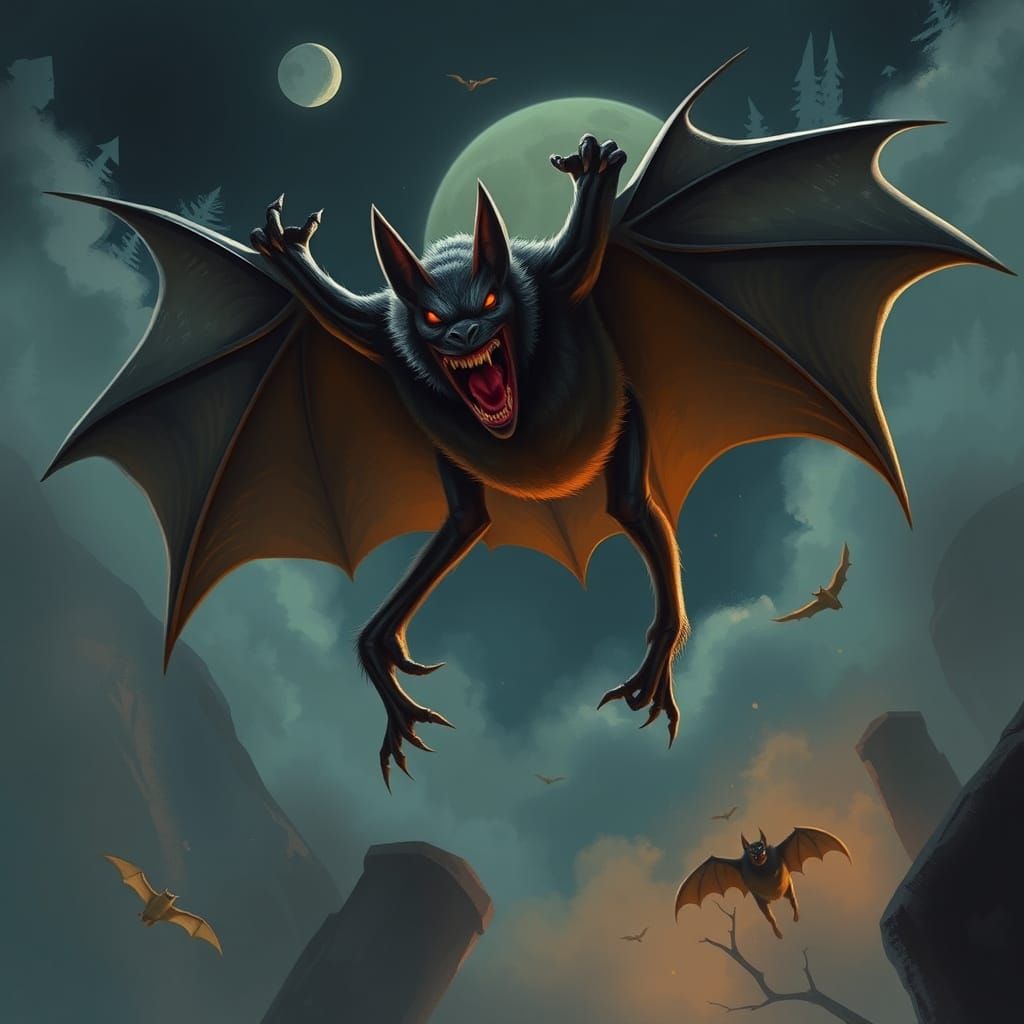 Giant Black Monster Bat Attacks Cityscape