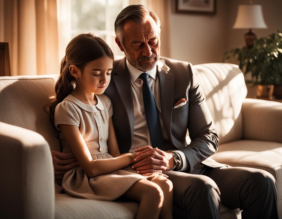 A Gentle Father Comforts a Crying Child in a Warm Home Setti...