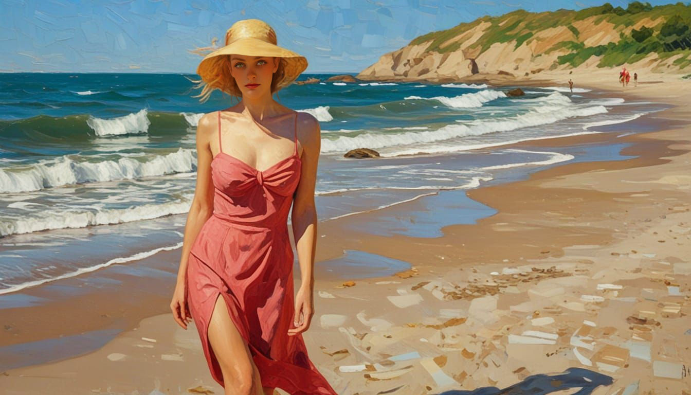 Woman on Beach: Impasto Oil Painting with Texture