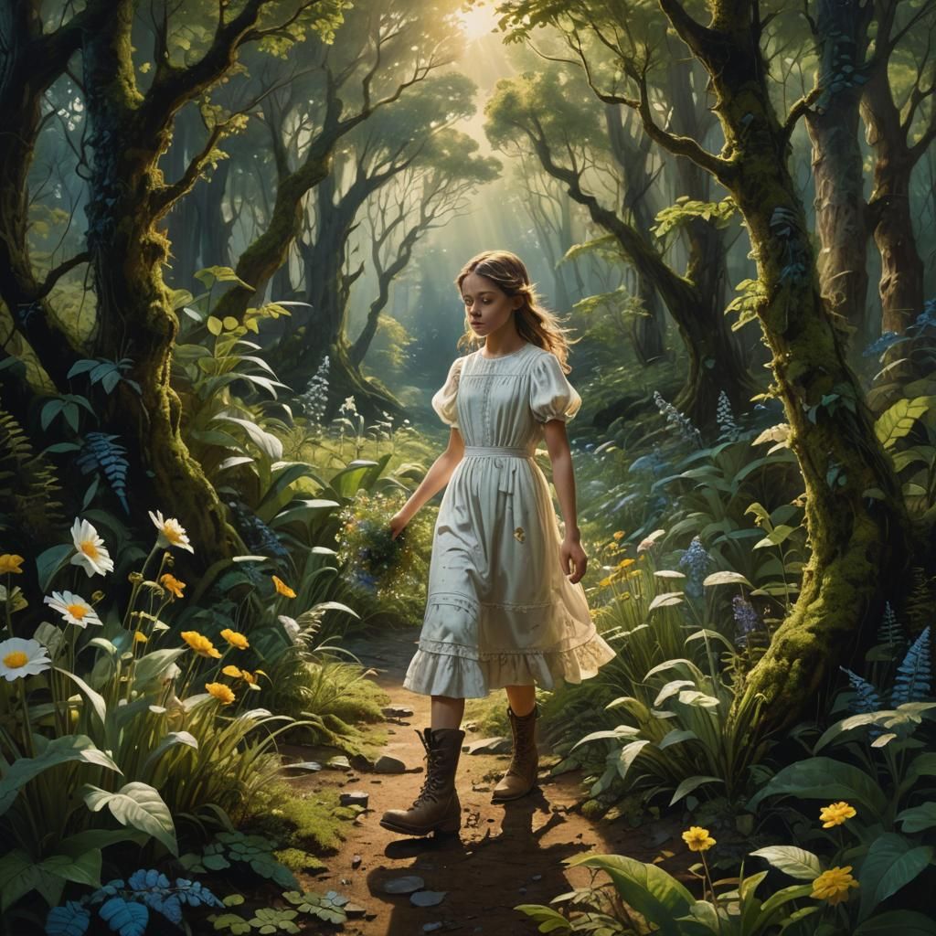 Young Girl in Whimsical Forest Scene, Oil Painting Style