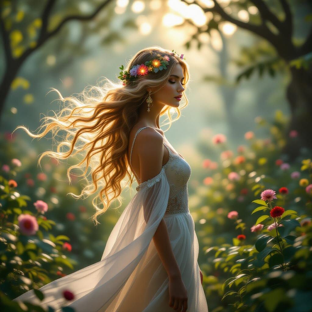 Mystical Woman With Bioluminescent Hair in Forest Clearing