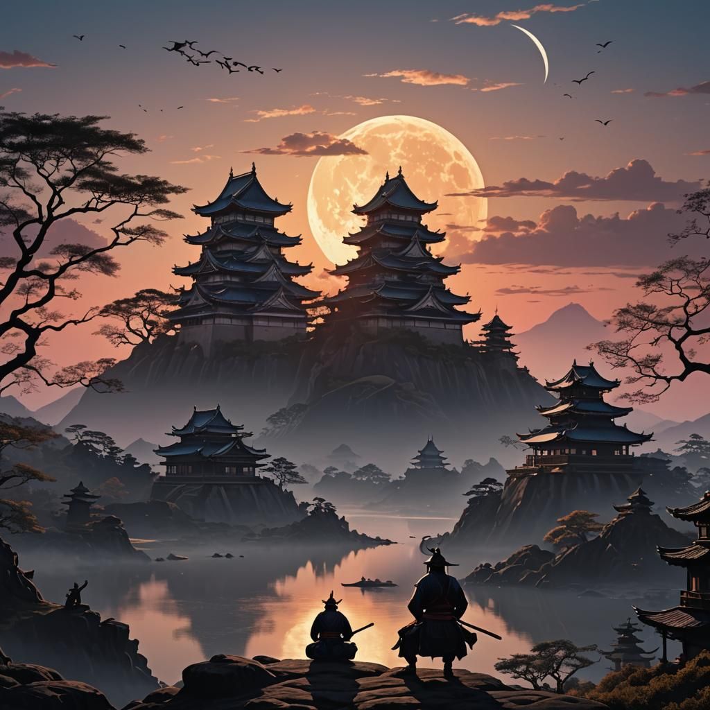 Epic Samurai Castle Under Crescent Moonlight