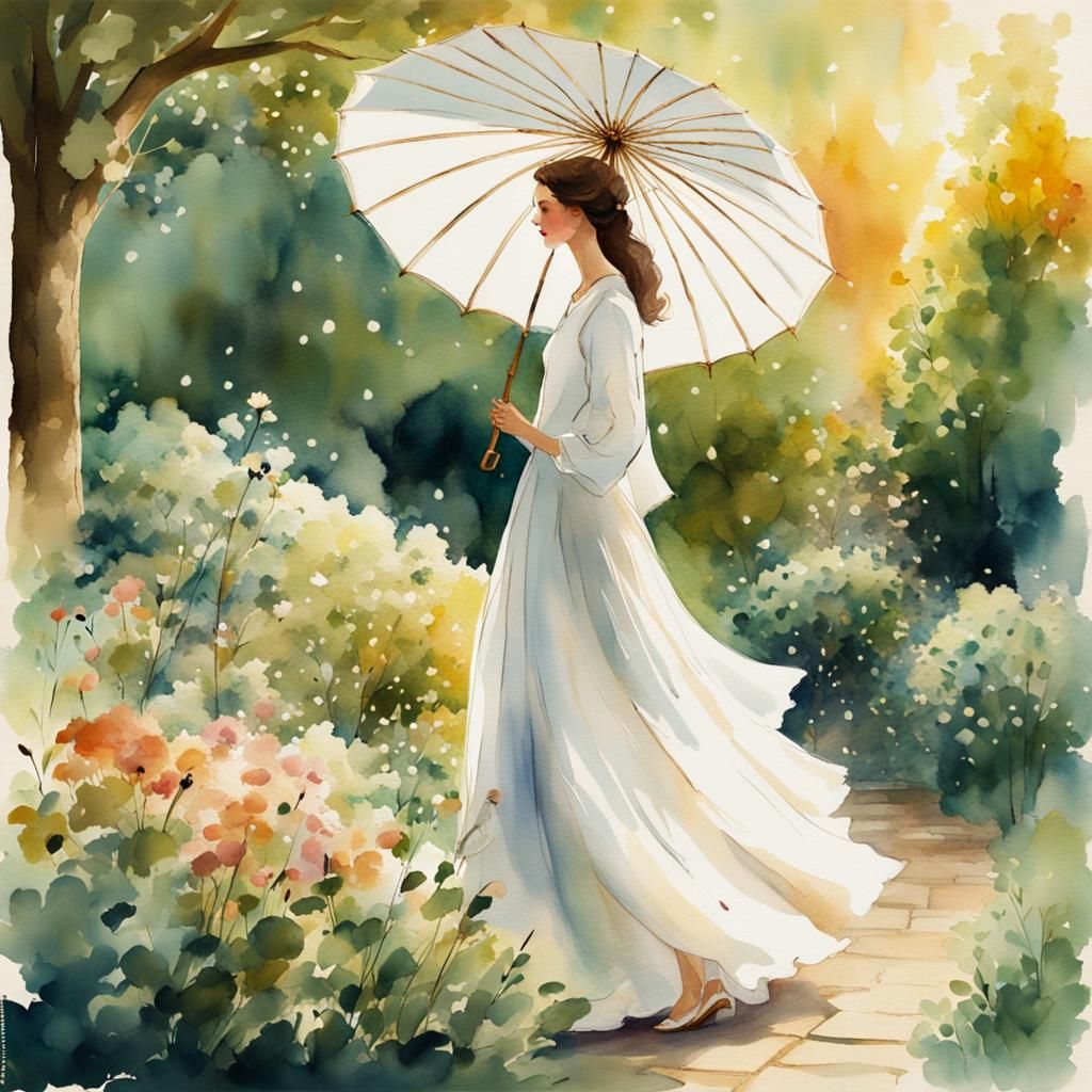 Elegant Woman in White Gown Basks in Whimsical Garden