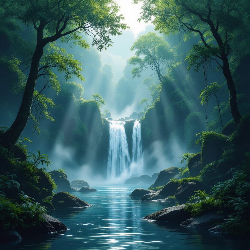 Ancient Ink Wash Waterfall in Misty Forest