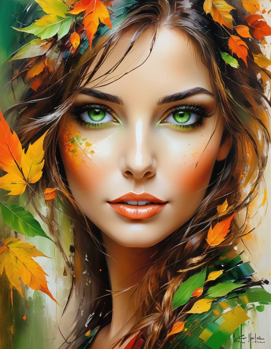 Astonishing Lady in Vibrant Autumn Oil Painting