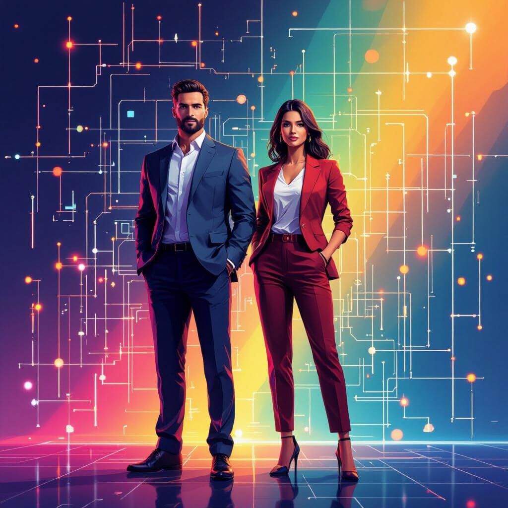 NFT Art: Confident Man & Woman with Digital Blueprint