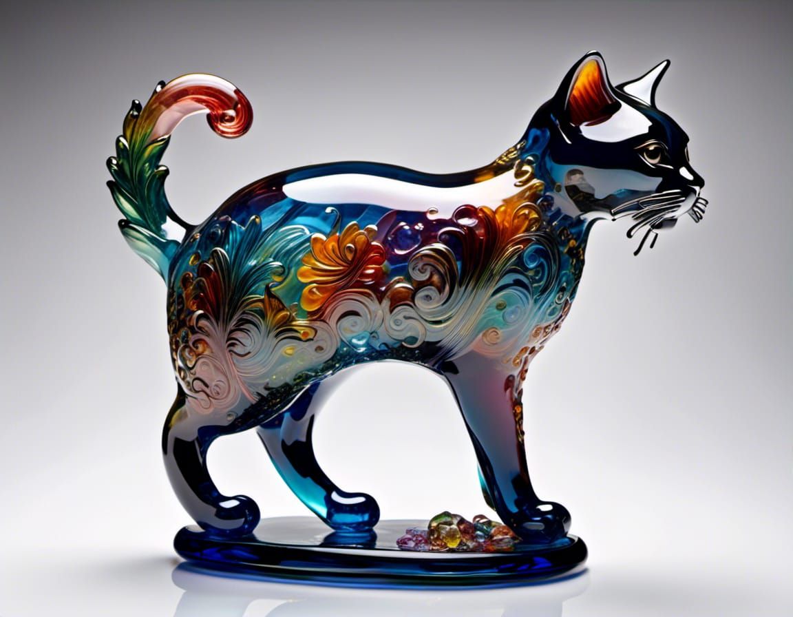 Surreal Glass Art Cat in Mid-Air with Triadic Colors