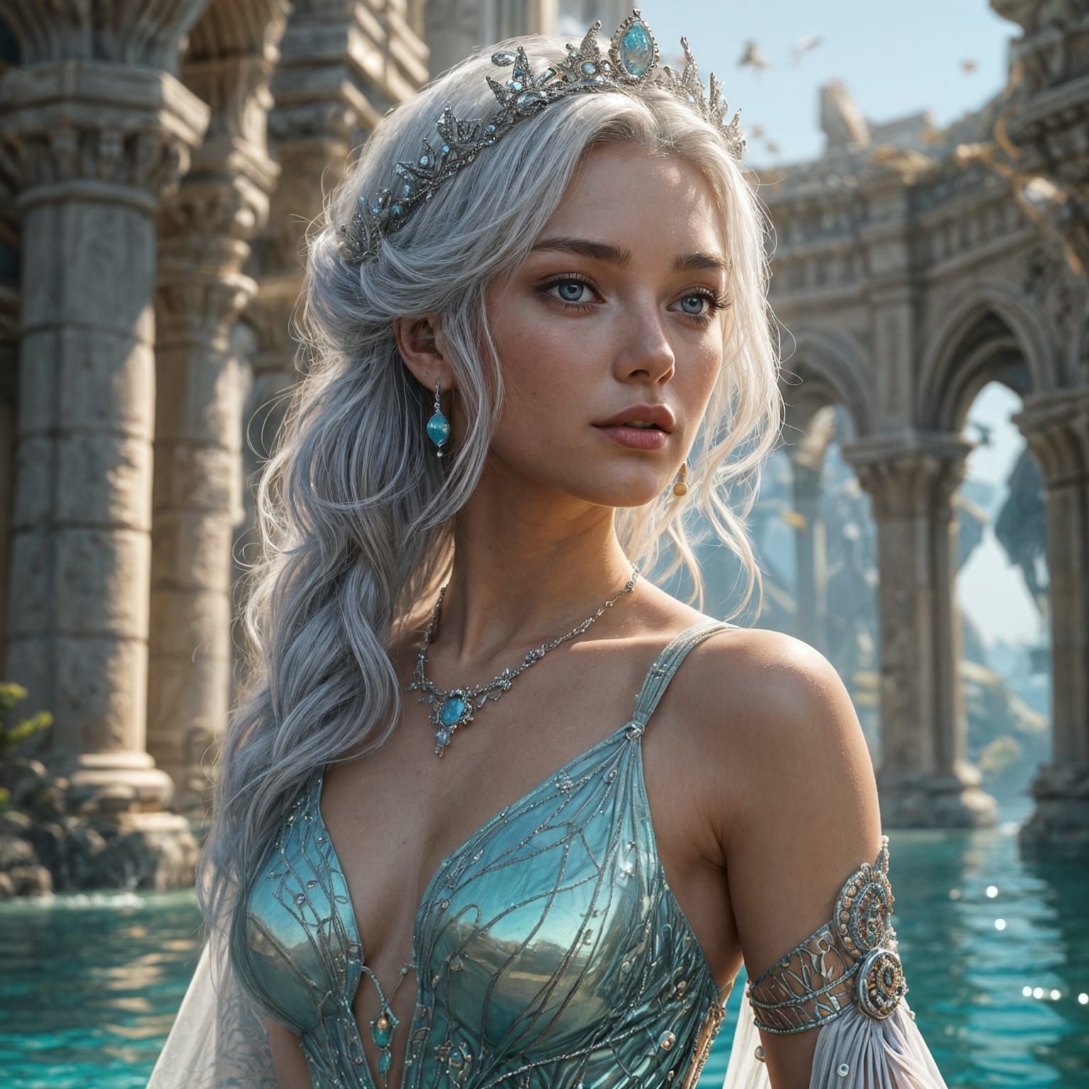 Atlantis Princess with Iridescent Hair and Ocean-Inspired Go...