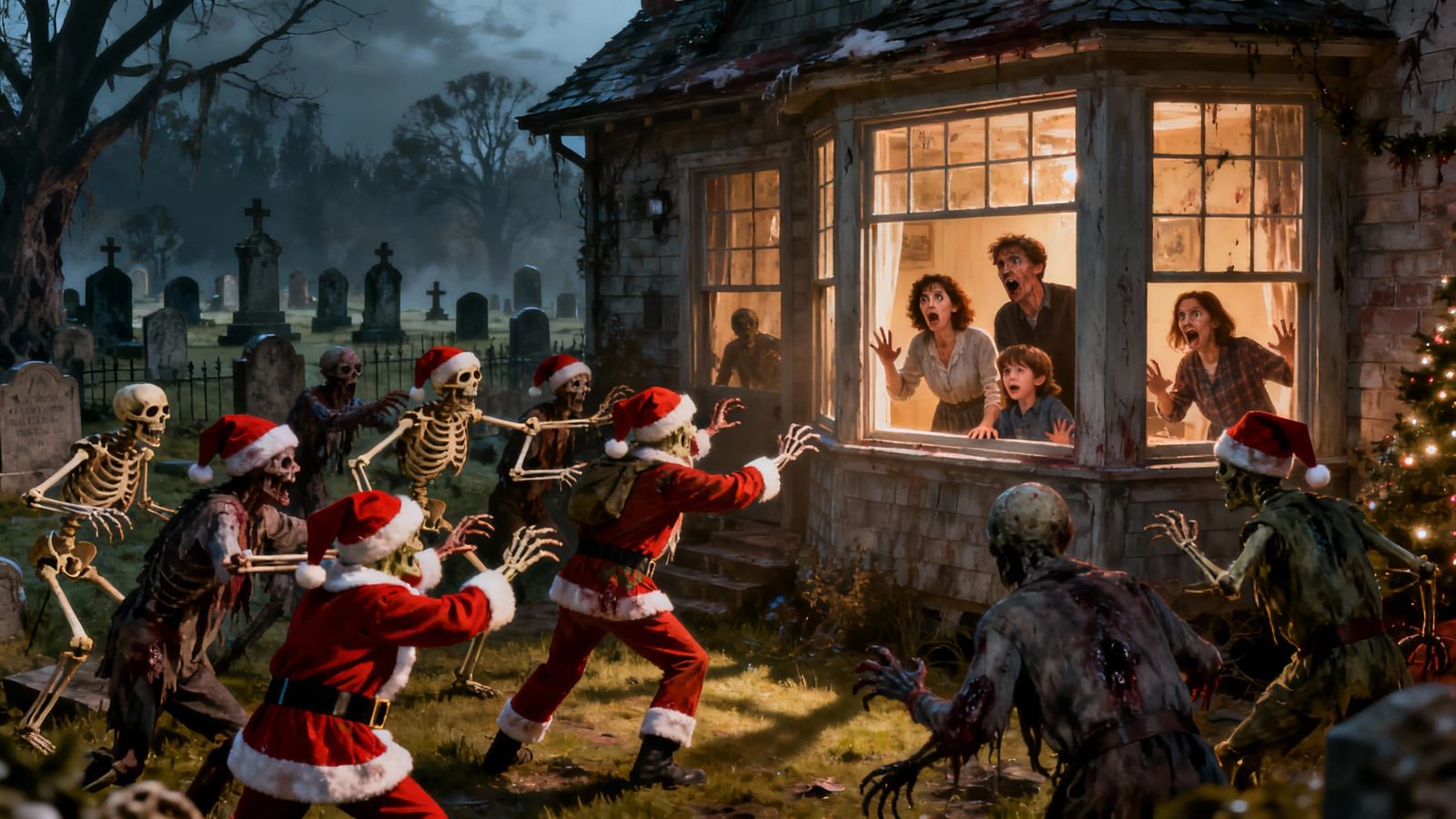 Christmas Skeletons and Zombies Attack Festive Cottage