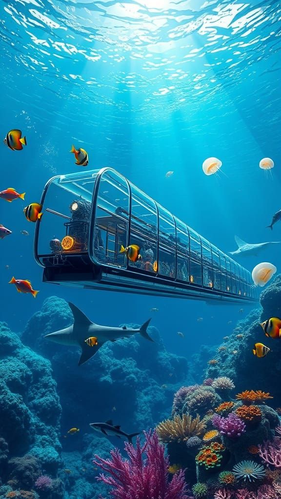 Sleek Glass Train Glides Through Ocean's Vibrant Aquatic Lif...