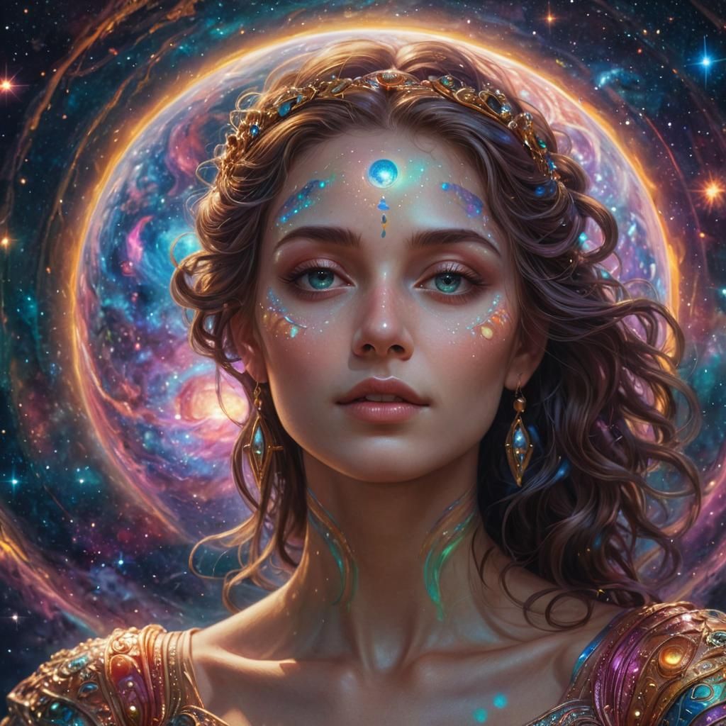 Surreal Cosmic Goddess Among Glowing Moons