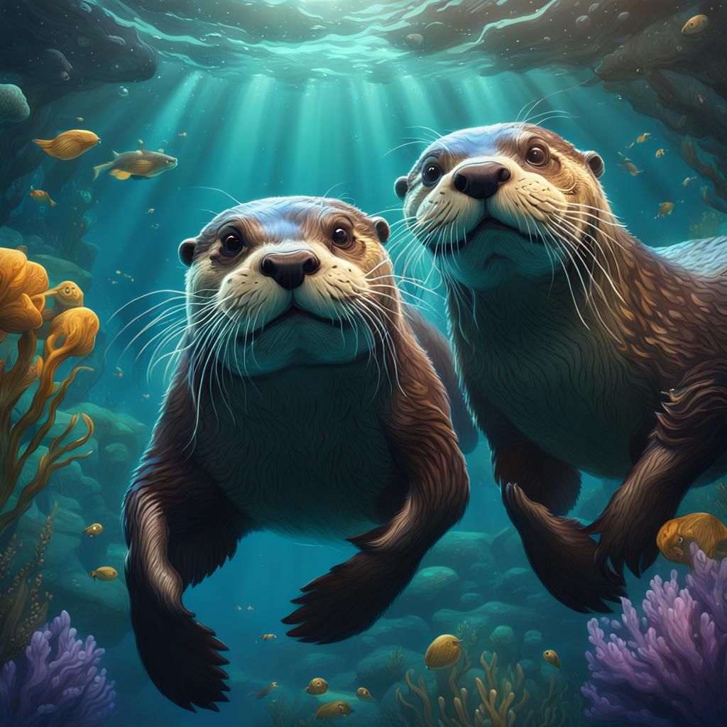 Otters in a Vibrant Underwater Realm