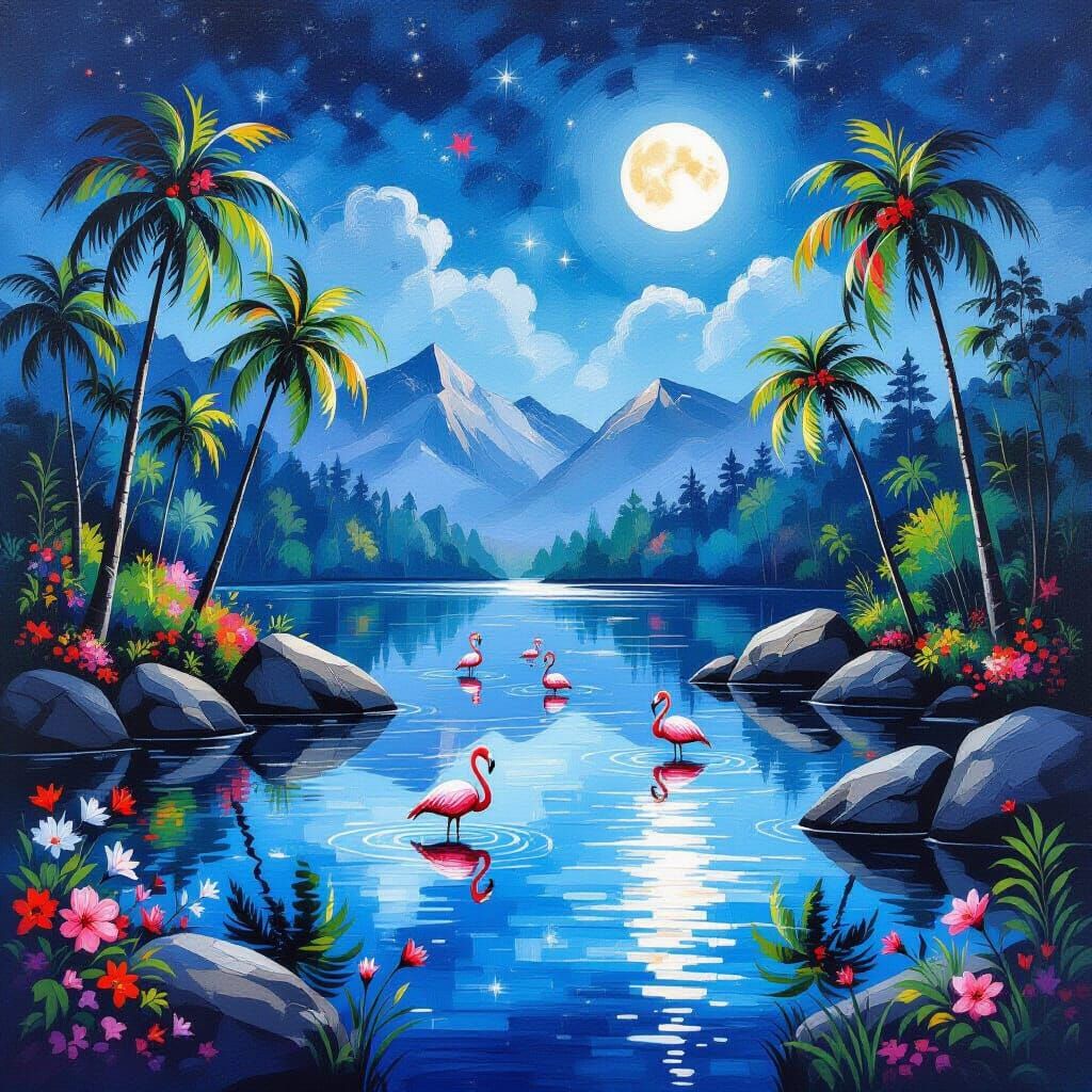 Lake Reflection: Flamingos Under the Full Moon in Watercolor