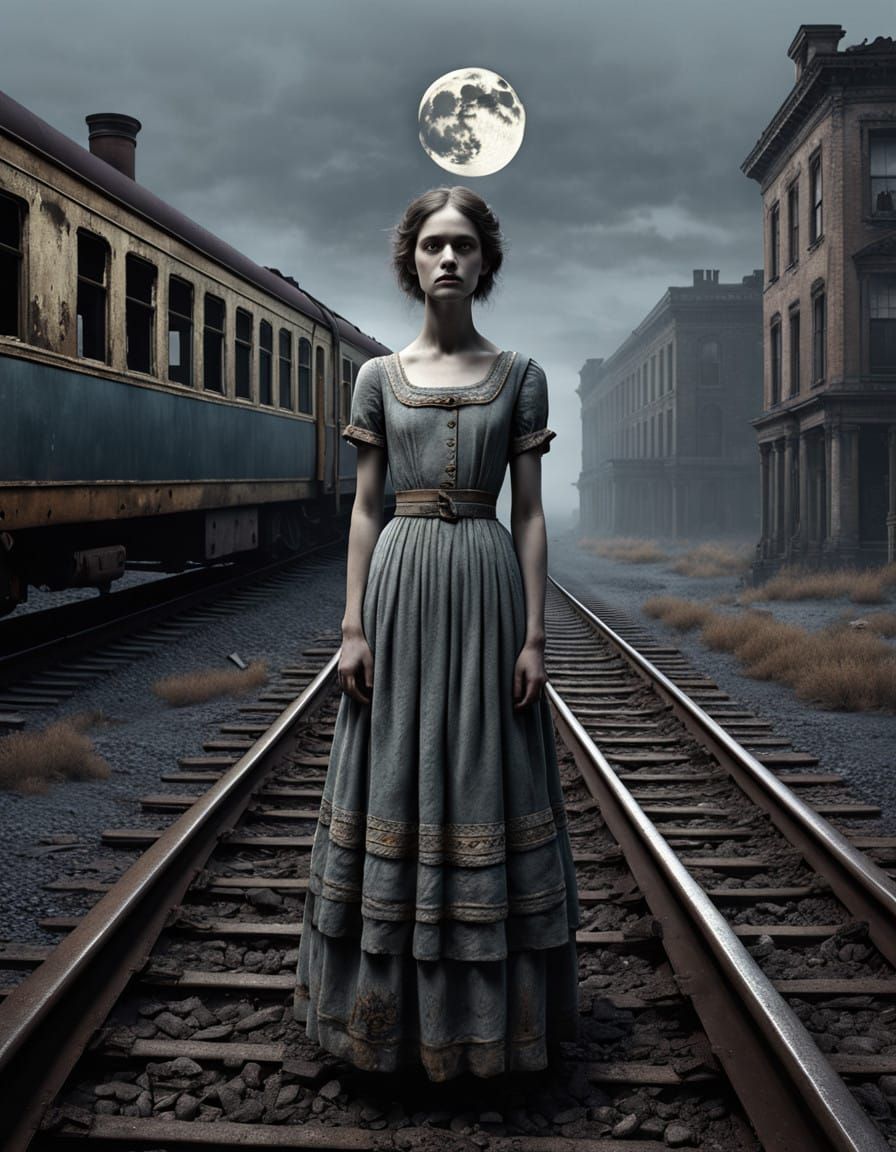 Woman Lost in Forgotten Landscape Under Faint Moonlight