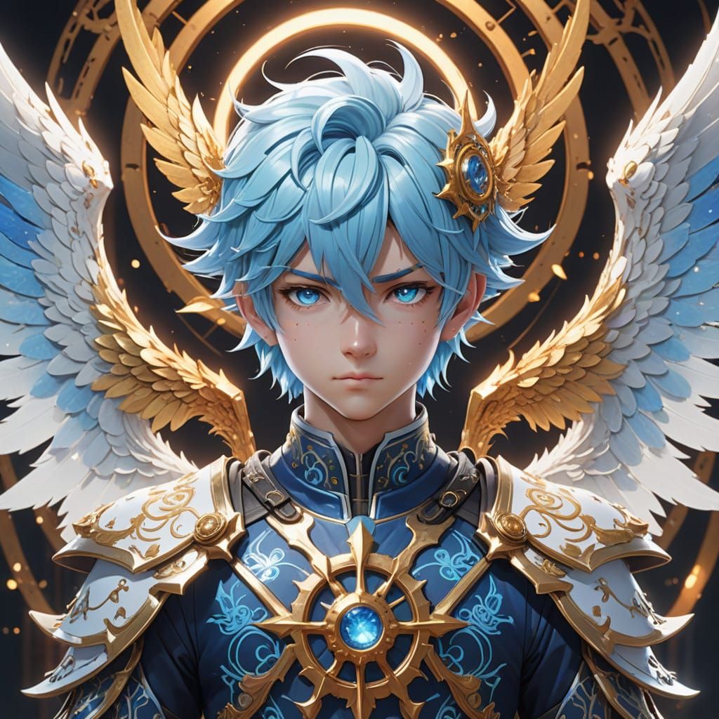 Mystical Boy with Wings and Halo in Vibrant Anime Style