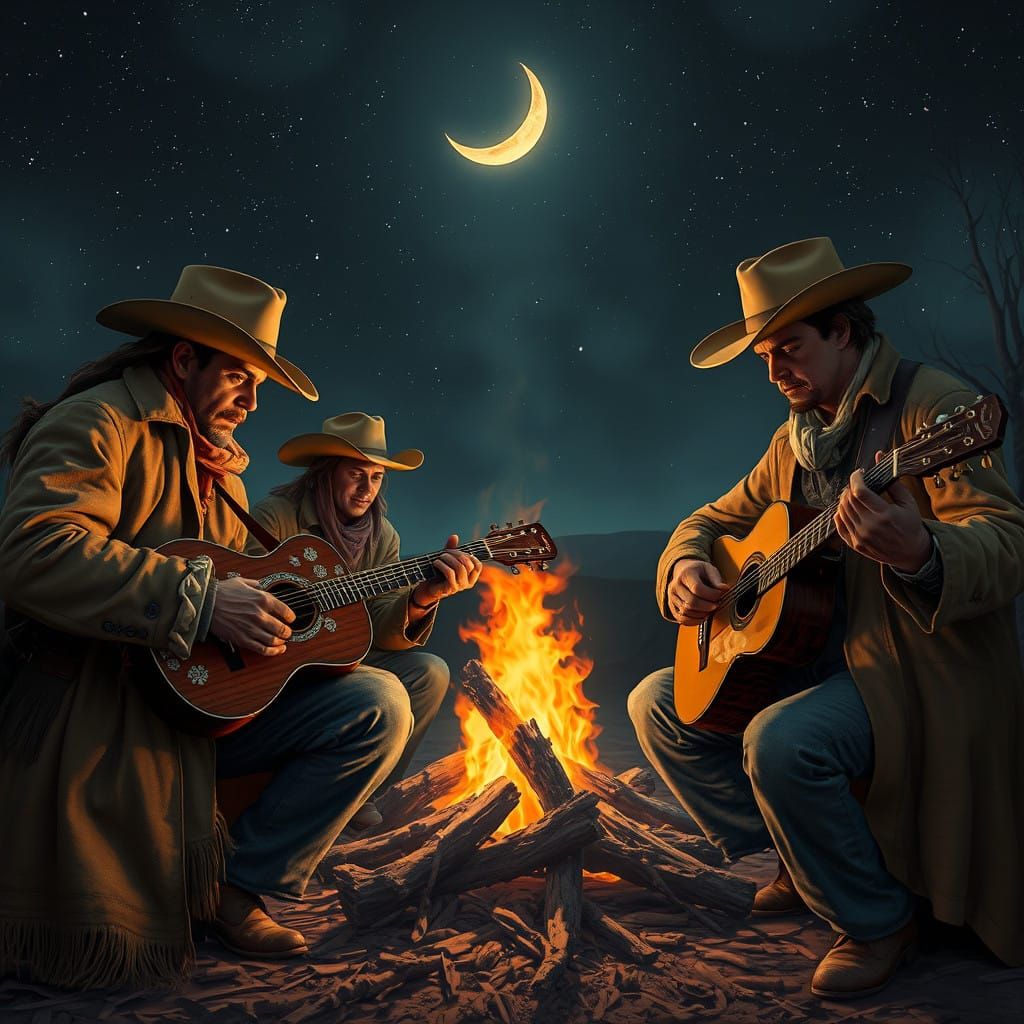 Cowboys Gather 'Round a Mystical Campfire, Guitars at the Re...