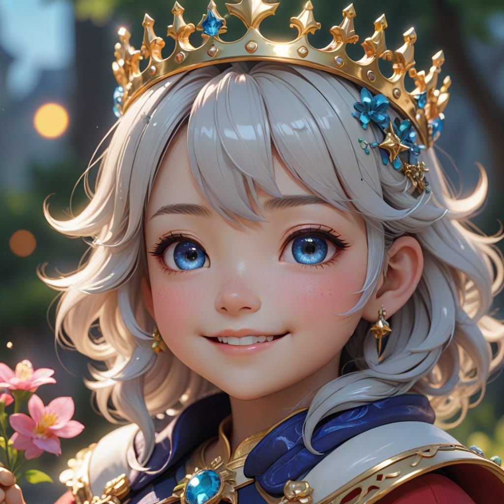 Anime-Inspired Baby Girl Holding Crown in Vibrant Colors
