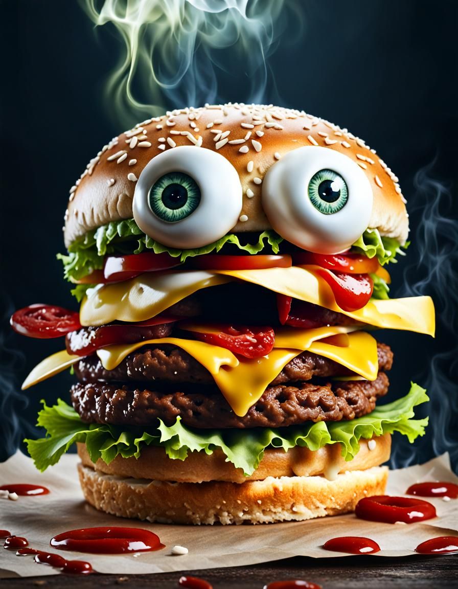 Surreal Horror Hamburger Painted in a Dark, Sinister Style