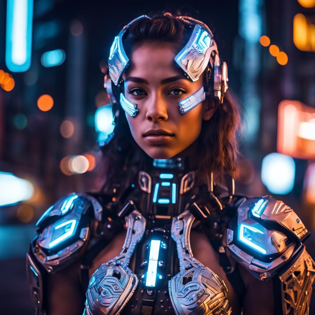Cyborg Girl in Neon Cityscape Under Starry Night