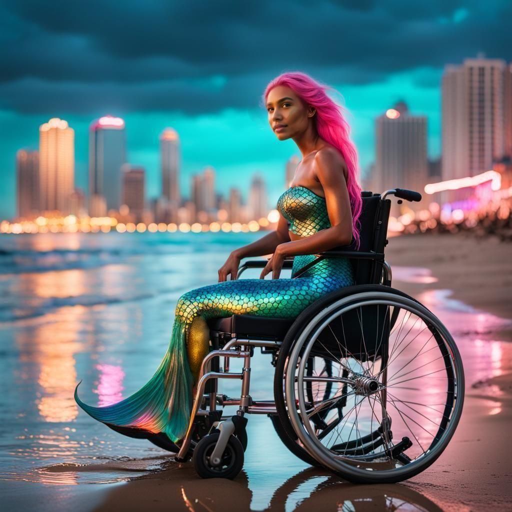 Hyper-Realistic Mermaid Sits in Wheelchair, Beachside in Cit...