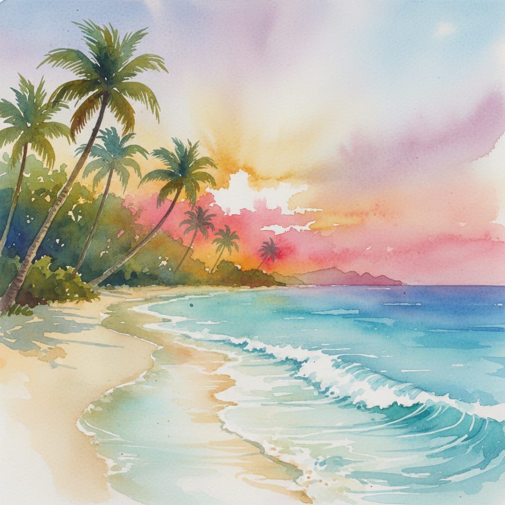 Dreamy Watercolor Tropical Island at Sunset