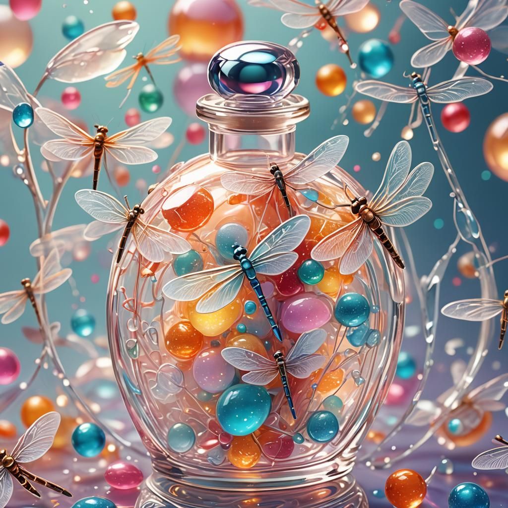 Whimsical White Dragonflies in Perfume Bottle