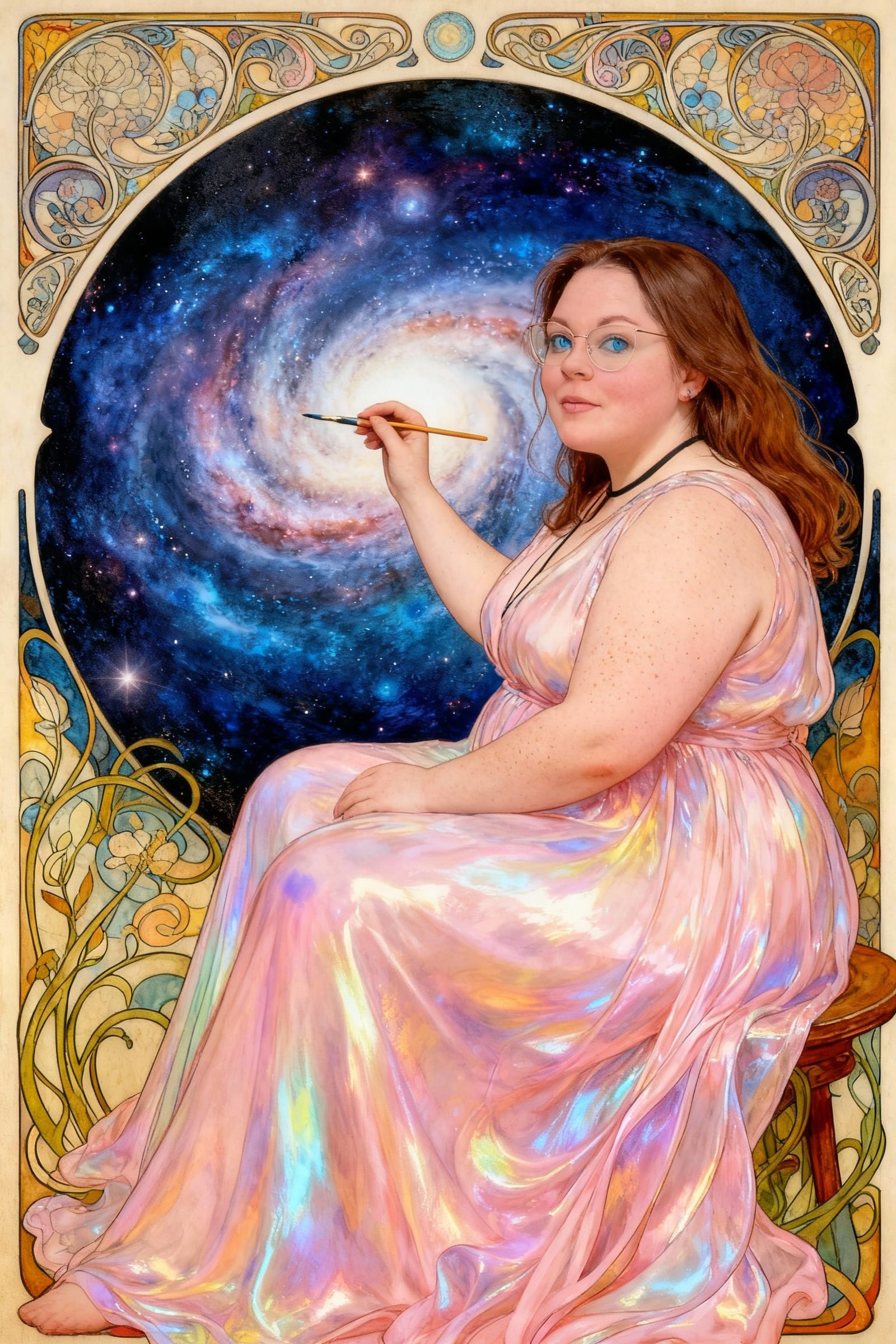 Artist Painting Galaxy in Art Nouveau Style