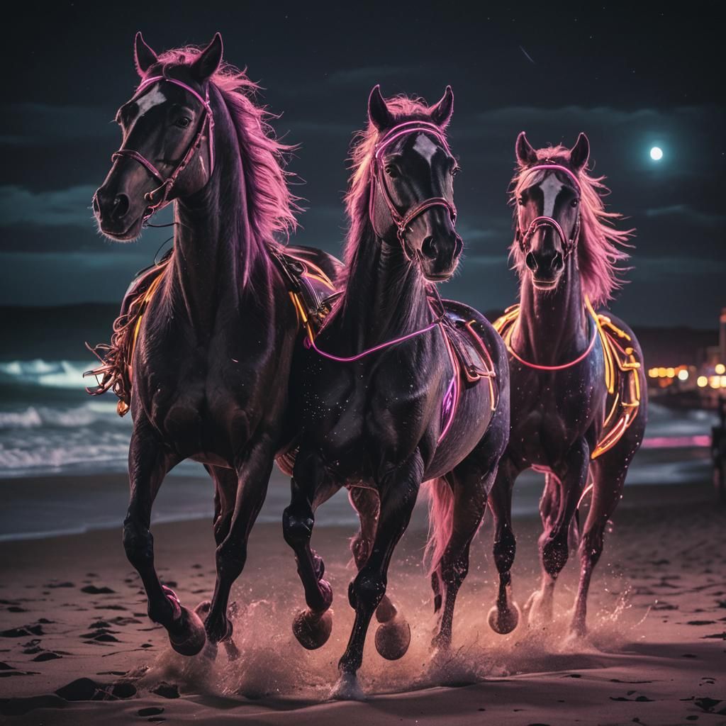 Neon Horses Ride Through a Moody Midnight Beachscape