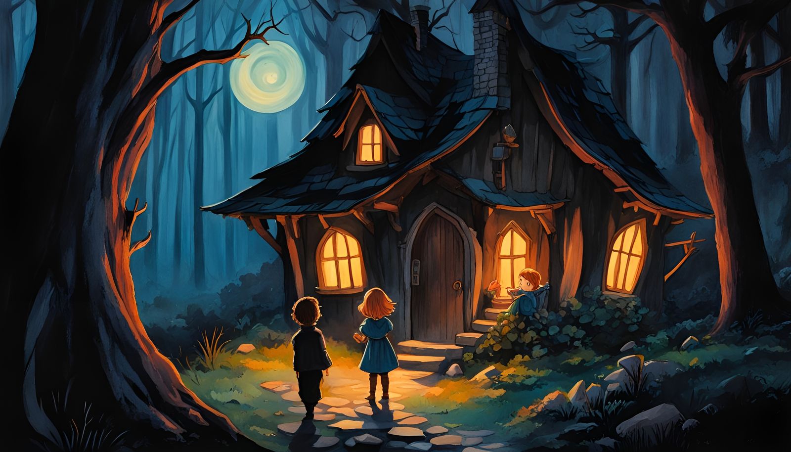 Hansel and Gretel Arrive at the Witch's Whimsical Watercolor...