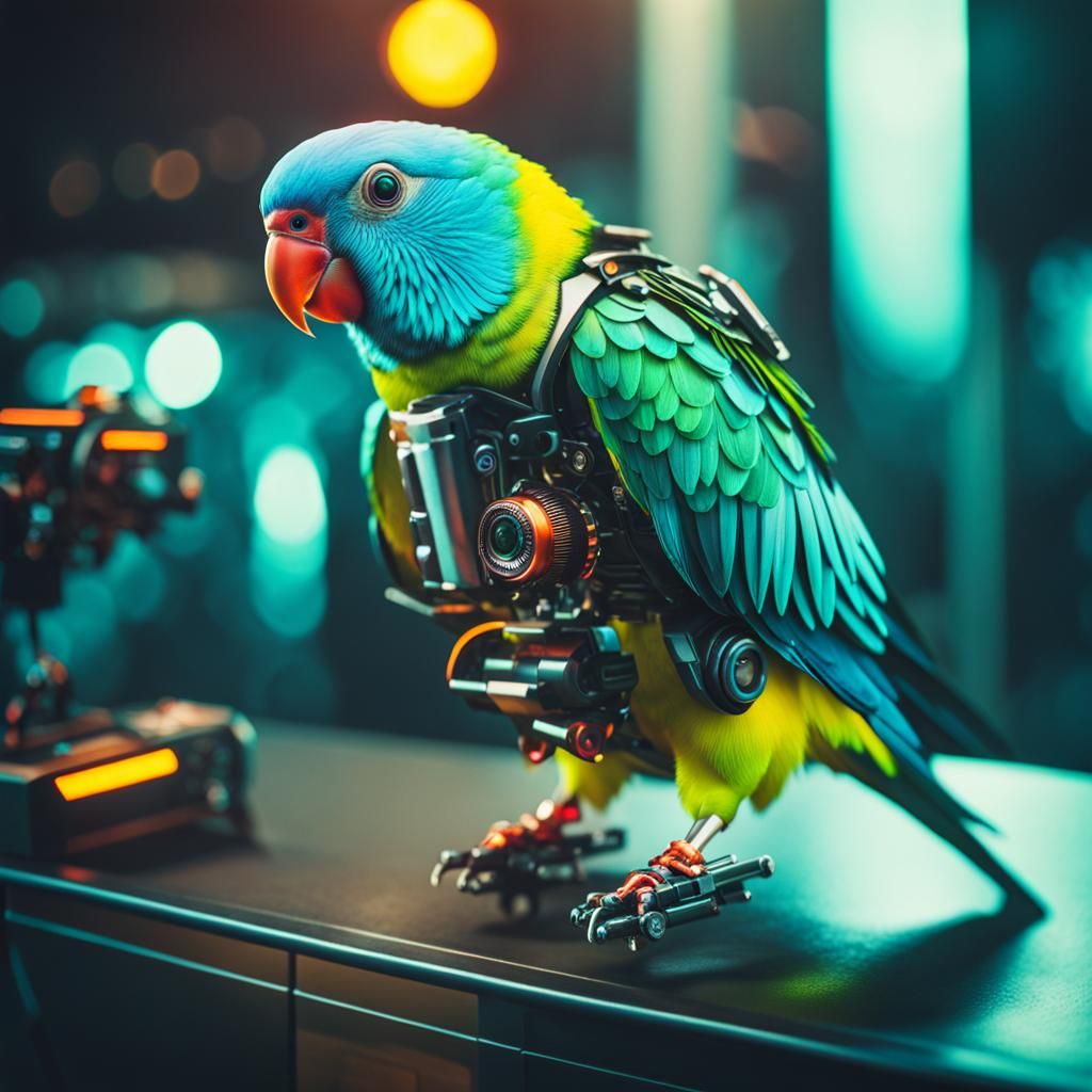 Cyberpunk Parakeet in Cinematic Glory