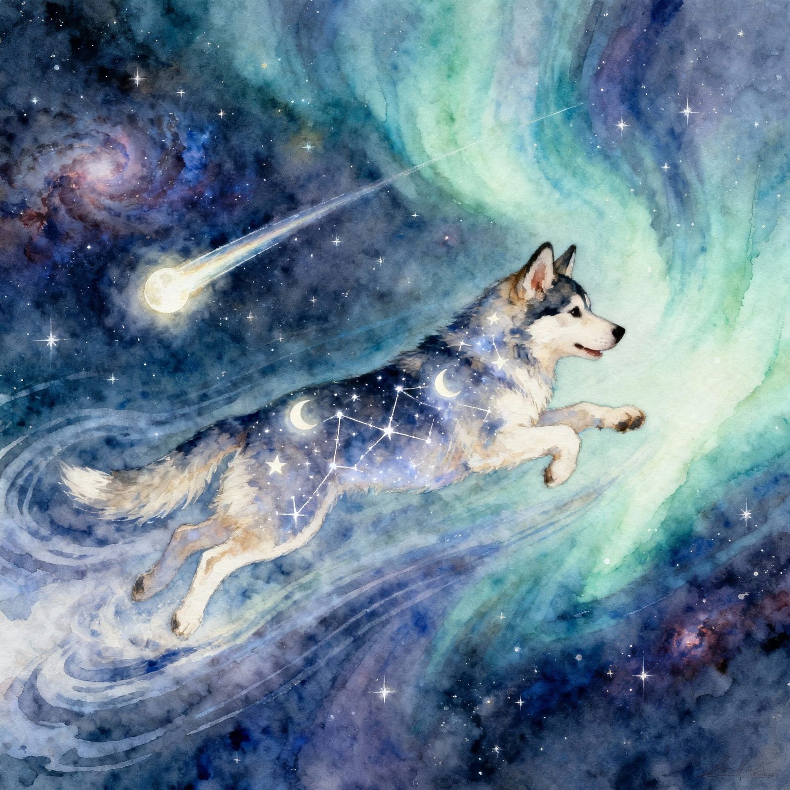 Husky Puppy Chasing Comet in Aurora Borealis Watercolor