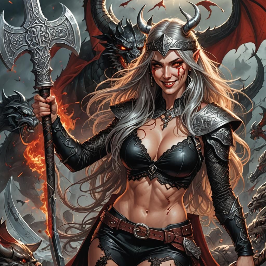 Viking Queen Wields Battle Axe in Epic Dragon Battle