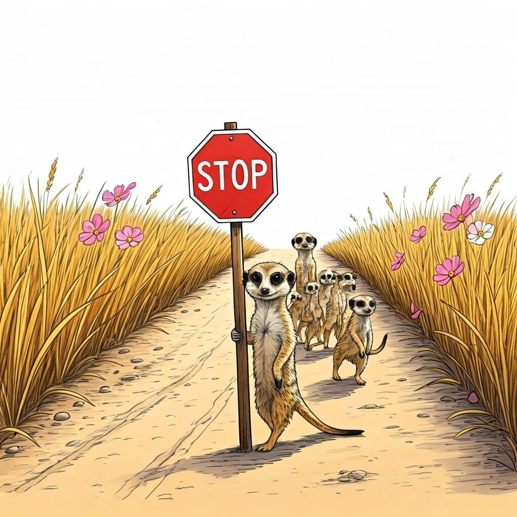 Meerkat Crossing Guard in Whimsical Woodland Scene