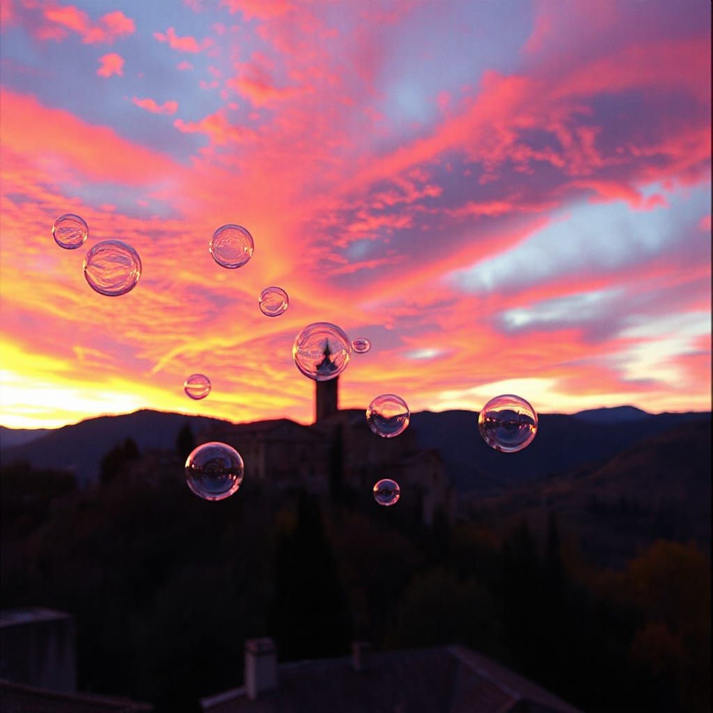 Italian Town Sunset Reflected in Ascending Soap Bubbles
