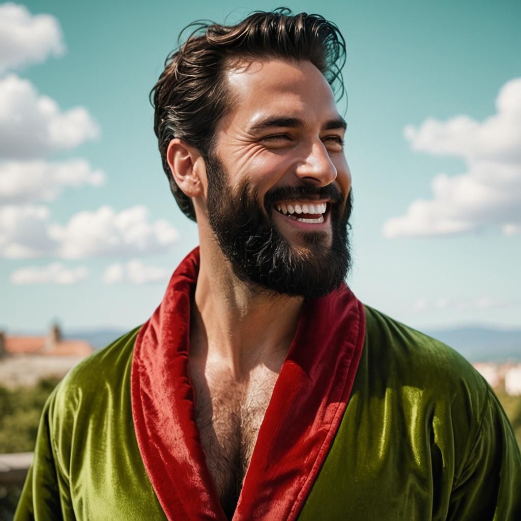 Handsome Bearded Gentleman in Luxurious Velvet Bathrobe