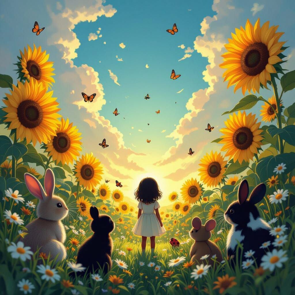 Rabbit's Eye View of Thumbelina Among Garden Creatures