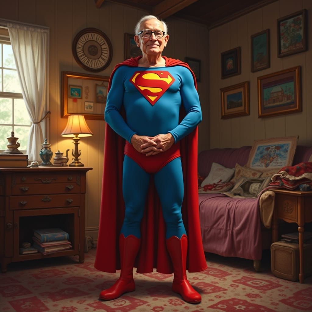Grandfather Superman in Warm Attic Setting