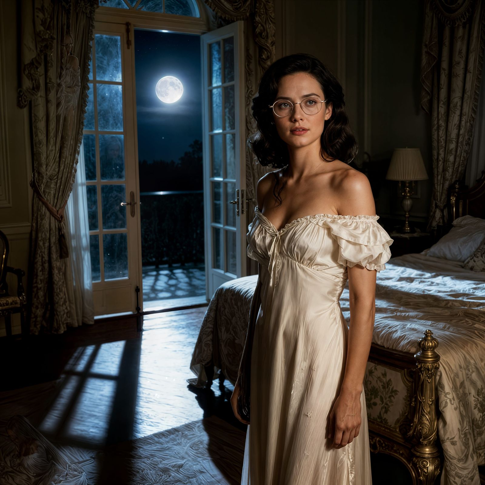 Woman in Ivory Nightgown in Moonlit Bedroom
