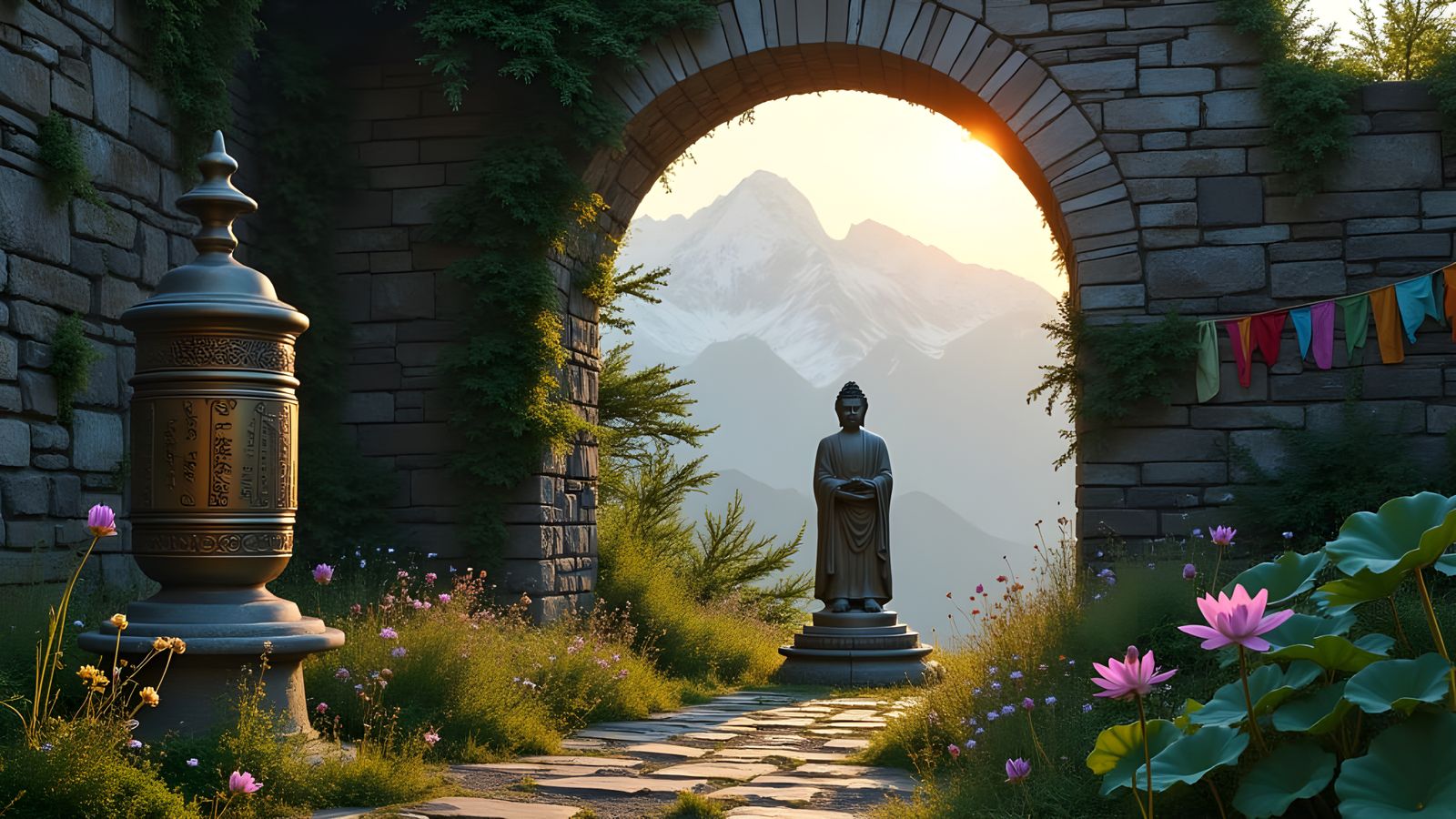 Buddha Statue, Overgrown Cemetery, Broken Arch at Dawn